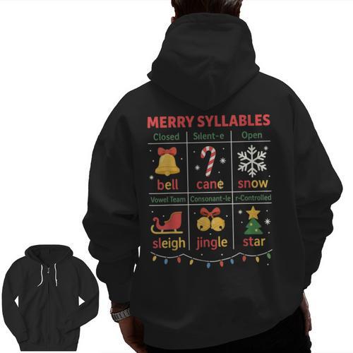 Merry Syllables Teacher Christmas Educational Kids Men Zip Up Hoodie Back Print - teacherstshirts.com AU