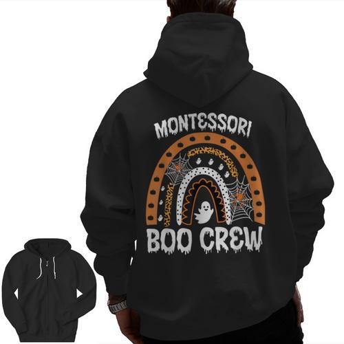 Montessori Teacher Halloween Boo Rainbow Leopard Halloween Men Zip Up Hoodie Back Print - teacherstshirts.com