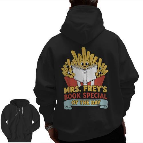 Mrs Frey Book Special Reading Elementary Teacher Men Zip Up Hoodie Back Print - teacherstshirts.com