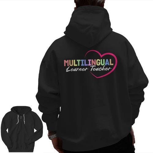 Multilingual Learner Teacher Heart Men Zip Up Hoodie Back Print - teacherstshirts.com AU