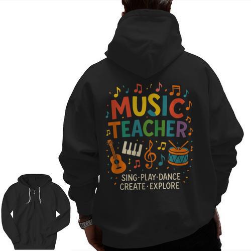 Music Teacher Music Sing Play Dance Choir Piano Men Zip Up Hoodie Back Print - teacherstshirts.com CA