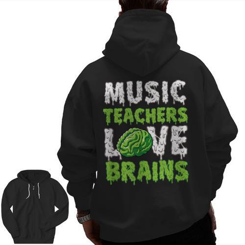 Music Teachers Love Brains Cute Teaching Halloween Men Zip Up Hoodie Back Print - teacherstshirts.com UK