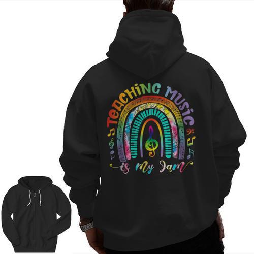 Musical Teacher Teaching Music Is My Jam Rainbow Tie Dye Men Zip Up Hoodie Back Print - teacherstshirts.com UK