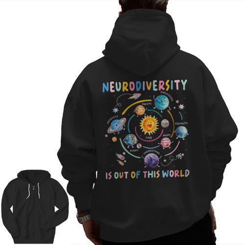 Neurodiversity Is Out Of This World Space Autism Teacher Men Zip Up Hoodie Back Print - teacherstshirts.com UK
