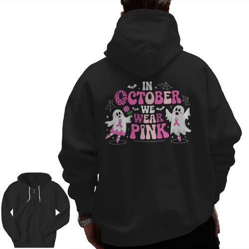 In October We Wear Pink Ballet Ghost Teacher Breast Cancer Men Zip Up Hoodie Back Print - teacherstshirts.com UK