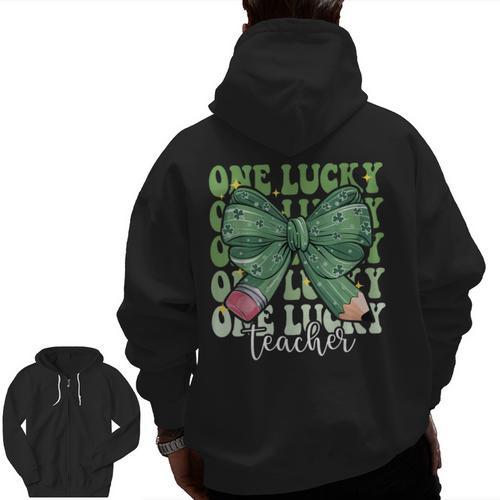 One Lucky Teacher Coquette Bow St Patricks Day Teacher Men Zip Up Hoodie Back Print - teacherstshirts.com DE