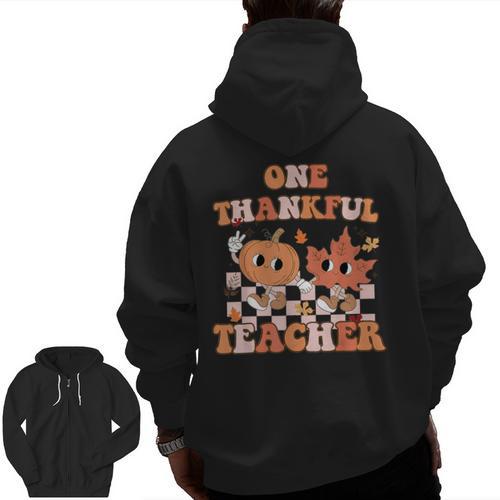One Thankful Teacher Fall Leaves Thanksgiving Retro Men Zip Up Hoodie Back Print - teacherstshirts.com