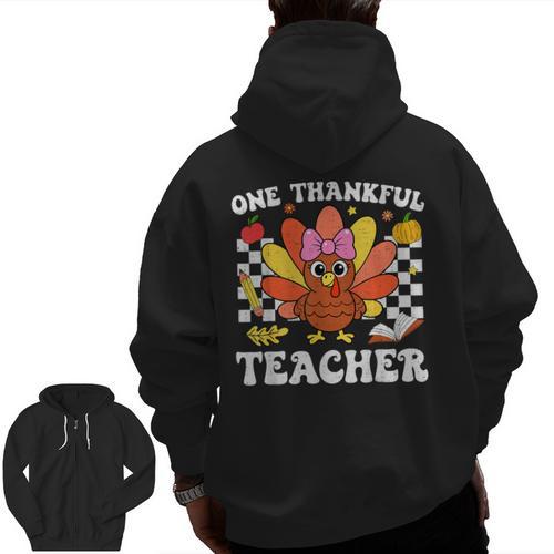 One Thankful Teacher Turkey Thanksgiving Teaching Men Zip Up Hoodie Back Print - teacherstshirts.com