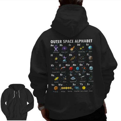 Outer Space Alphabet Kindergarten Teachers 1st Day Of School Men Zip Up Hoodie Back Print - teacherstshirts.com CA