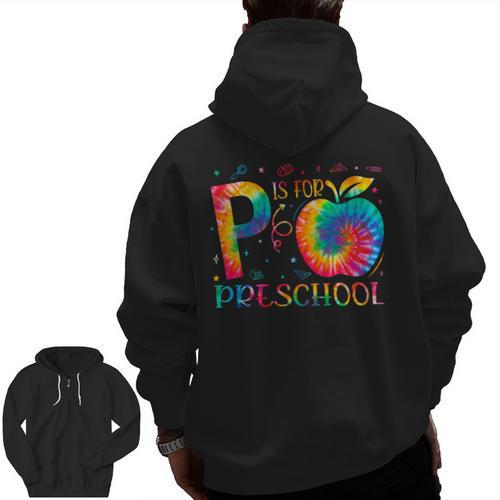 P Is For Preschool Tie Dye Back To School Teacher Men Women Girls Kids Men Zip Up Hoodie Back Print - teacherstshirts.com CA
