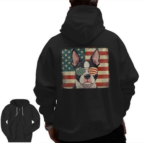 Patriotic Boston Terrier Dog Lover USA Flag 4th Of July For Men Women Kids Men Zip Up Hoodie Back Print - Bostonterriersmerch.com