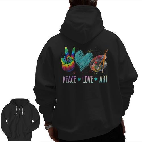 Peace Love Art Painting Palette Art Teacher Men Zip Up Hoodie Back Print - teacherstshirts.com CA