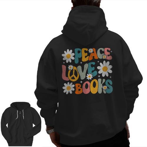 Peace Love Books Bookworm Librarian Reading Teacher Groovy Men Zip Up Hoodie Back Print - teacherstshirts.com AU