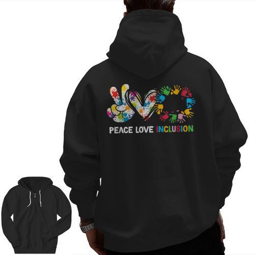 Peace Love Inclusion Sped Squad Special-Ed Teacher Daycare Men Zip Up Hoodie Back Print - teacherstshirts.com AU