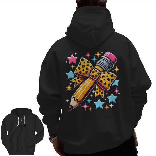Pencil Leopard Coquette Bow Teacher Life Back To School Men Zip Up Hoodie Back Print - teacherstshirts.com