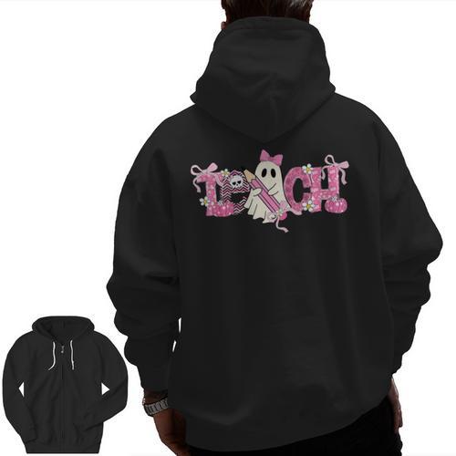 Pink Ghost Teach Halloween Teacher In Spooky Season Men Zip Up Hoodie Back Print - teacherstshirts.com AU