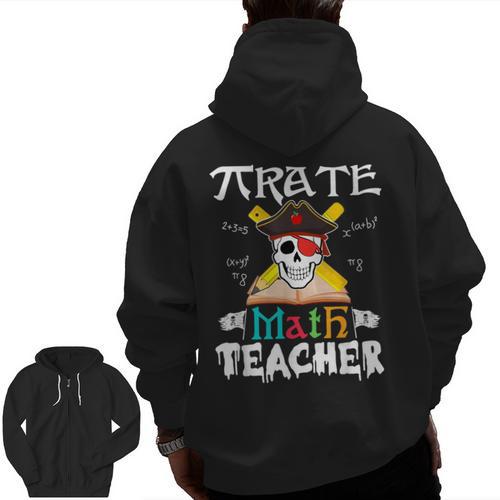 Pirate Math Teacher Skull Pirate Halloween Costume Men Zip Up Hoodie Back Print - teacherstshirts.com CA