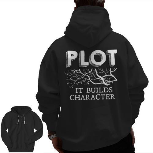 Plot It Builds Character Book Reading Teacher Men Zip Up Hoodie Back Print - teacherstshirts.com