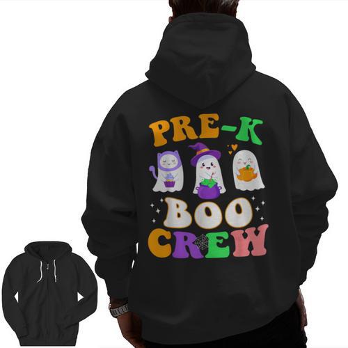 Pre-K Boo Crew Cute Ghost Halloween Costume Teacher Student For Men Women Kids Men Zip Up Hoodie Back Print - teacherstshirts.com AU