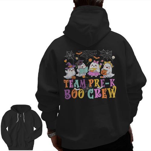 Pre-K Boo Crew Ghost Halloween Teacher Student Men Zip Up Hoodie Back Print - teacherstshirts.com AU