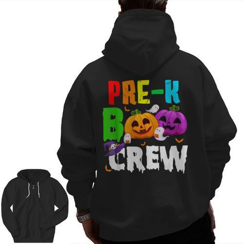 Pre K Boo Crew Halloween Costume Teachers Kids Men Zip Up Hoodie Back Print - teacherstshirts.com UK