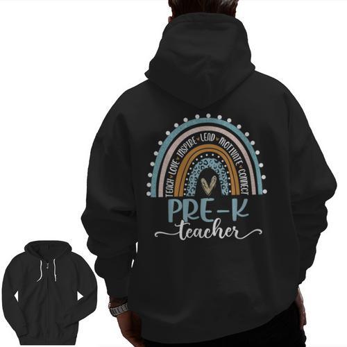 Pre-K Teacher Leopard Boho Rainbow Back To School Men Zip Up Hoodie Back Print - teacherstshirts.com