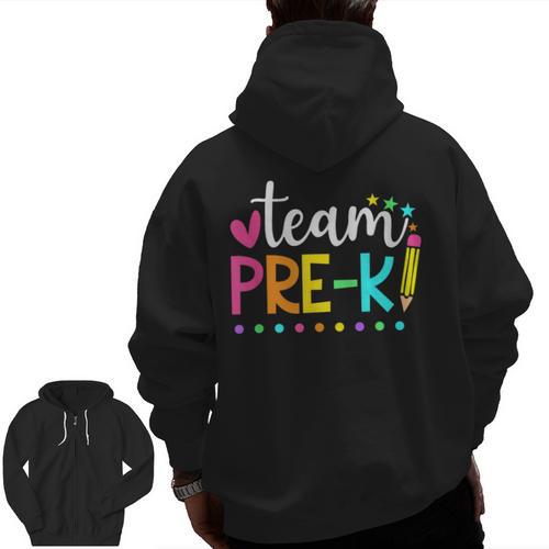 Pre-k Team Pencil Teacher Student Back To School Girls Men Zip Up Hoodie Back Print - teacherstshirts.com UK