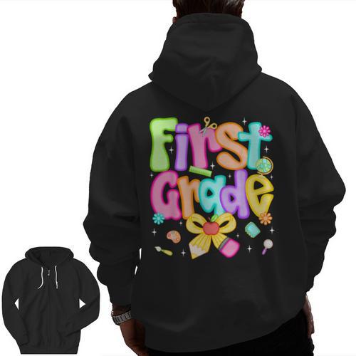 Preppy First Grade Back To School 1st Grade Teacher Girl Kid Men Zip Up Hoodie Back Print - teacherstshirts.com