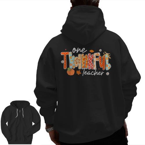Preppy One Thankful Teacher Coquette Thanksgiving Teacher Men Zip Up Hoodie Back Print - teacherstshirts.com AU