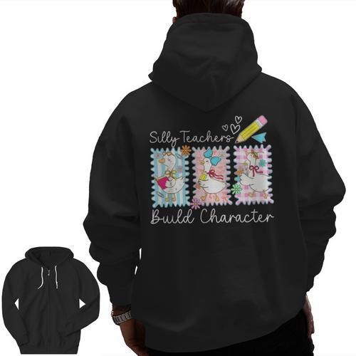 Preppy Silly Teacher Goose Build Character Back To School Men Zip Up Hoodie Back Print - teacherstshirts.com
