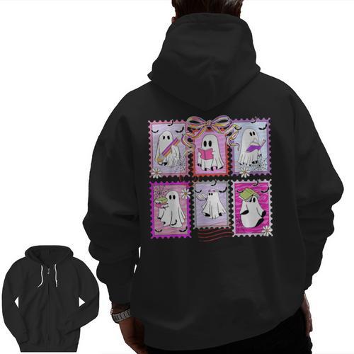 Preppy Spooky Teacher Halloween Ghost Coquette Bow Autumn Men Zip Up Hoodie Back Print - teacherstshirts.com UK
