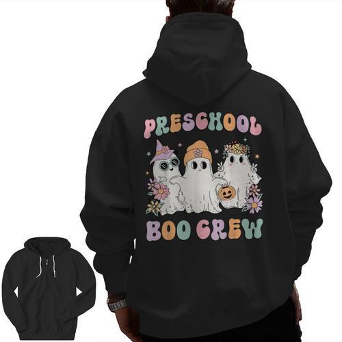 Preschool Boo Crew Groovy Halloween Floral Ghost Teacher Men Women Kids Men Zip Up Hoodie Back Print - teacherstshirts.com