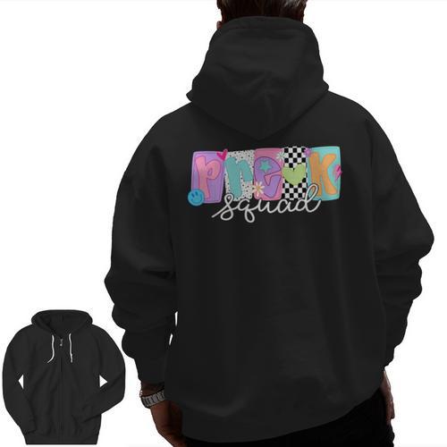 Preschool Squad Team Pre-K Crew Back To School Teacher Men Zip Up Hoodie Back Print - teacherstshirts.com