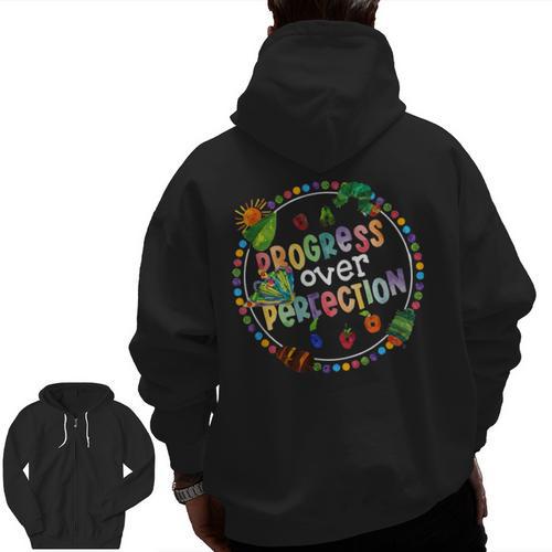 Progress Over Perfection Caterpillar Back To School Teacher Men Zip Up Hoodie Back Print - teacherstshirts.com DE