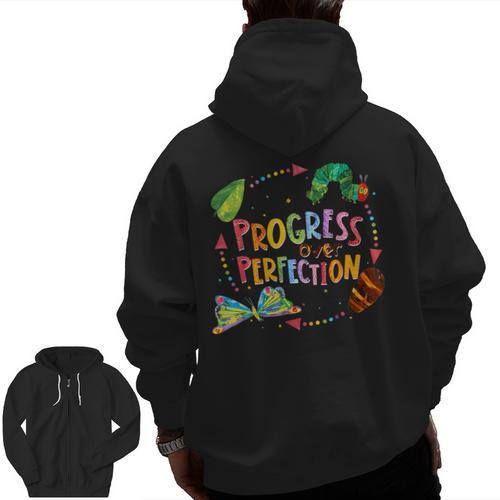 Progress Over Perfection Caterpillar Teacher Back To School Men Zip Up Hoodie Back Print - teacherstshirts.com UK