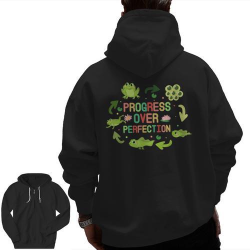 Progress Over Perfection Frog Back To School Teacher Men Zip Up Hoodie Back Print - teacherstshirts.com UK