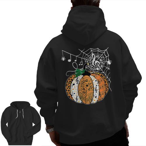 Pumpkin Music Teacher Halloween Fall Music Notes Autumn Men Zip Up Hoodie Back Print - teacherstshirts.com CA