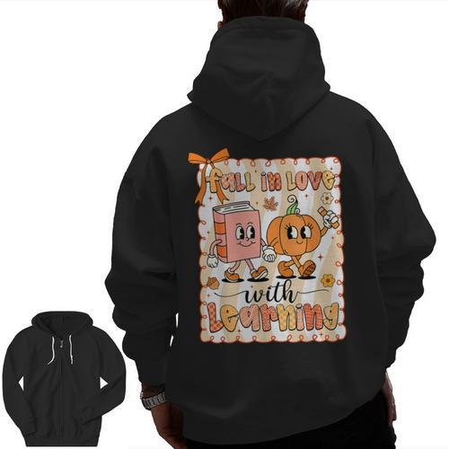 Pumpkin Teacher Preppy Fall In Love With Learning Autumn Men Zip Up Hoodie Back Print - teacherstshirts.com AU