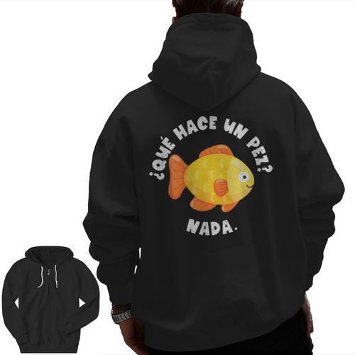 Que Hace Un Pez Nada Spanish Teacher Bilingual Teacher Dual Men Zip Up Hoodie Back Print - teacherstshirts.com AU