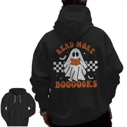 Read More Books Cute Ghost Reading Book Teacher Halloween Men Zip Up Hoodie Back Print - teacherstshirts.com UK