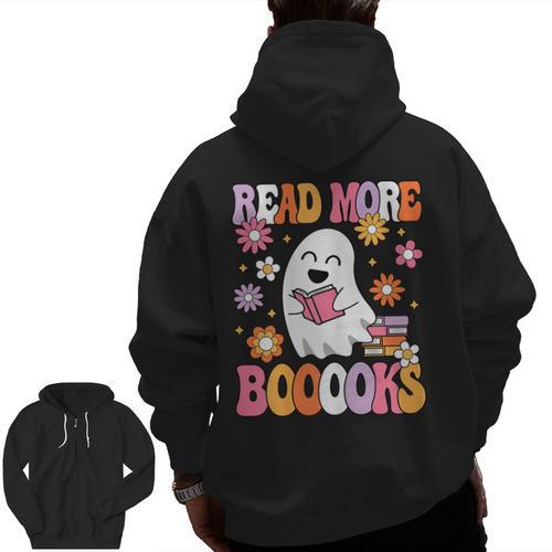 Read More Books Groovy Halloween Teacher Women Men Zip Up Hoodie Back Print - teacherstshirts.com DE