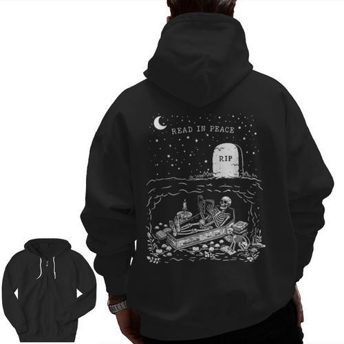 Read In Peace Skeleton Halloween Book Reading Spooky Teacher Men Zip Up Hoodie Back Print - teacherstshirts.com