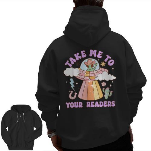 Take Me To Your Readers Alien Teacher Halloween Literacy Men Zip Up Hoodie Back Print - teacherstshirts.com AU