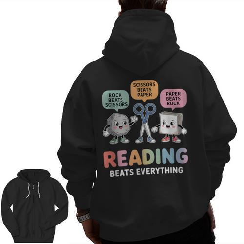 Reading Beats Everything Teacher Rock Paper Scissors Men Zip Up Hoodie Back Print - teacherstshirts.com AU