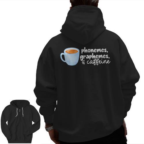 Reading Interventionist Specialist Teacher Phonemes Graphemes And Caffeine Reading Intervention -Adults Classic Fit Short Sleeve Men Zip Up Hoodie Back Print - teacherstshirts.com UK