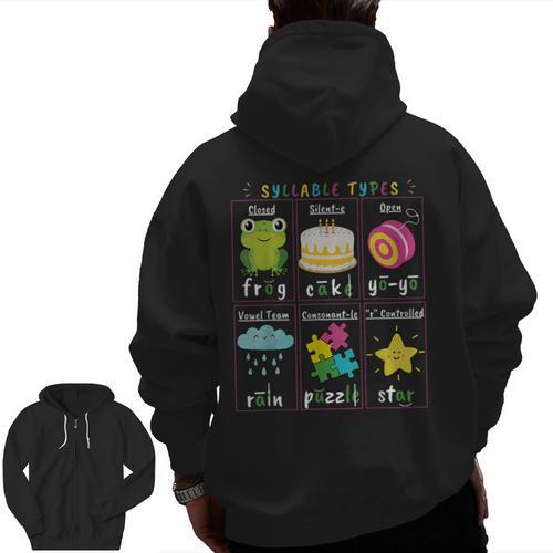 Reading Teacher Syllable Types Phonics Phonemic Awareness Men Zip Up Hoodie Back Print - teacherstshirts.com AU