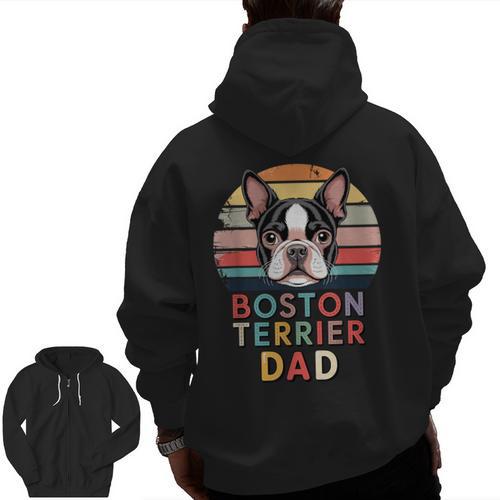 Retro Boston Terrier Dad Men Zip Up Hoodie Back Print - Bostonterriersmerch.com