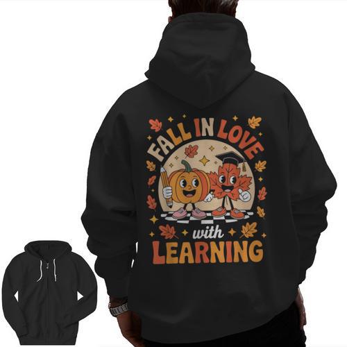 Retro Fall In Love With Learning Pumpkin Leaf Teacher Autumn Men Zip Up Hoodie Back Print - teacherstshirts.com AU