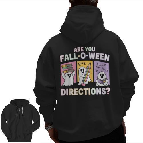 Retro Are You Fall O Ween Directions Teacher Halloween Ghost Men Zip Up Hoodie Back Print - teacherstshirts.com AU