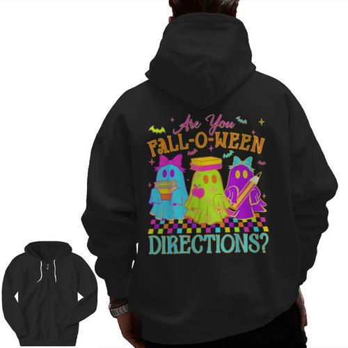 Retro Are You Falloween Direction Teacher Spooky Halloween Men Zip Up Hoodie Back Print - teacherstshirts.com AU